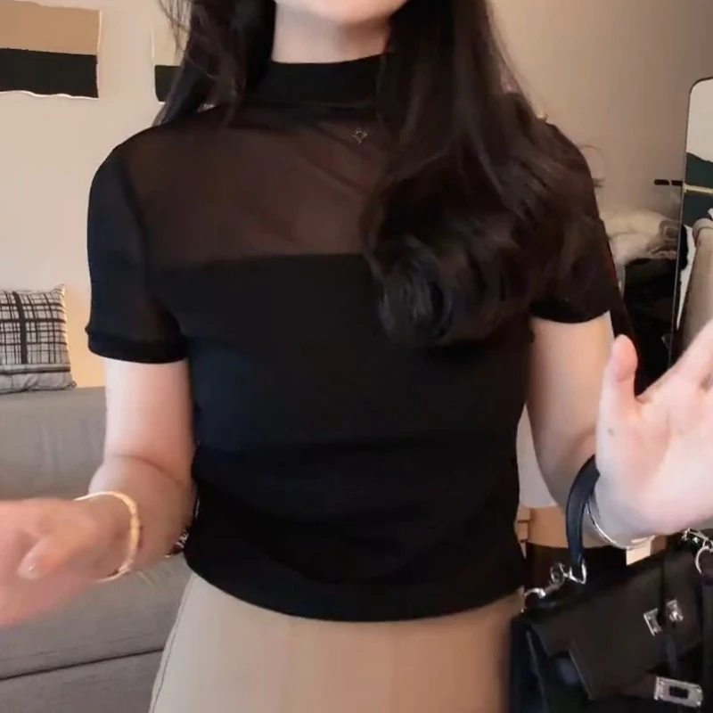 2025新款早秋显瘦气质超百搭网纱立领T恤上衣LK2505461