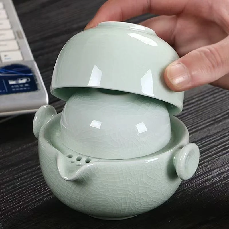 福袋哥窑绿手抓壶开片一壶一杯不带包