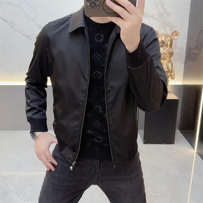 冰希重工.时尚修身男士翻领简约绵羊皮夹克长袖外套2025秋冬新款