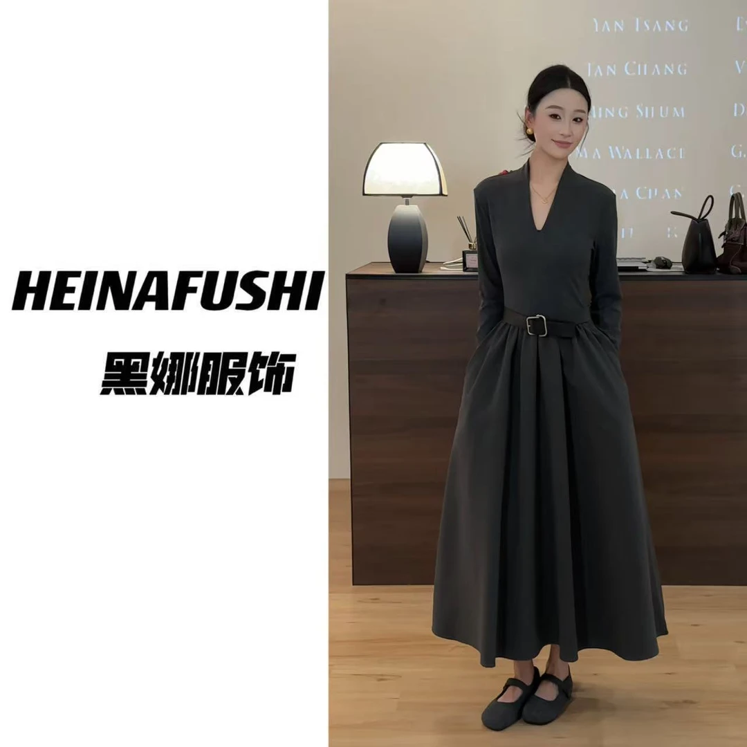 HEINA赫本气质V领长袖连衣裙2159