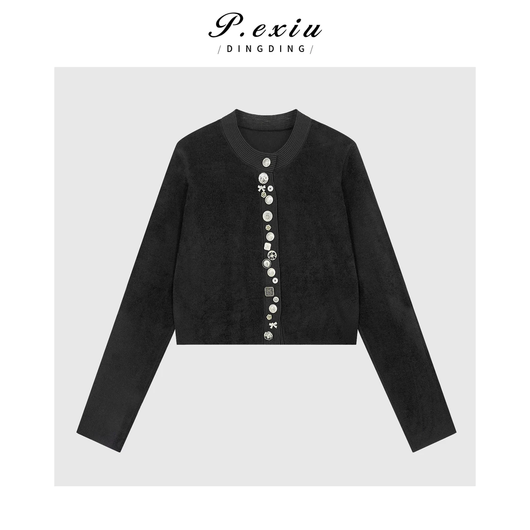 法式小香风重工纽扣绒面肌理感拼接圆领长袖外套Q72451