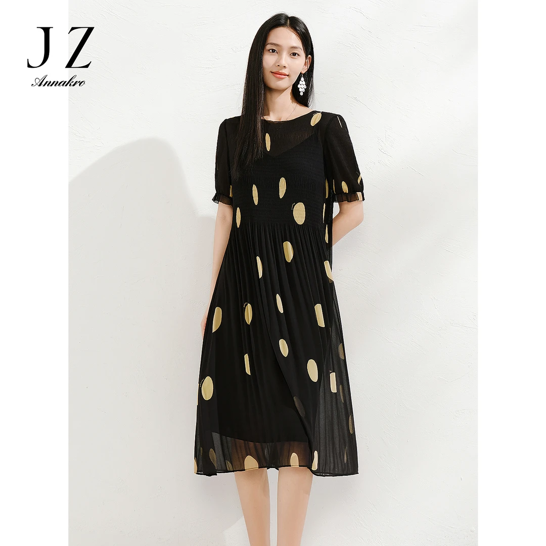 玖姿安娜蔻KWFX50189通勤风仿真丝波点收腰连衣裙两件套女2025夏