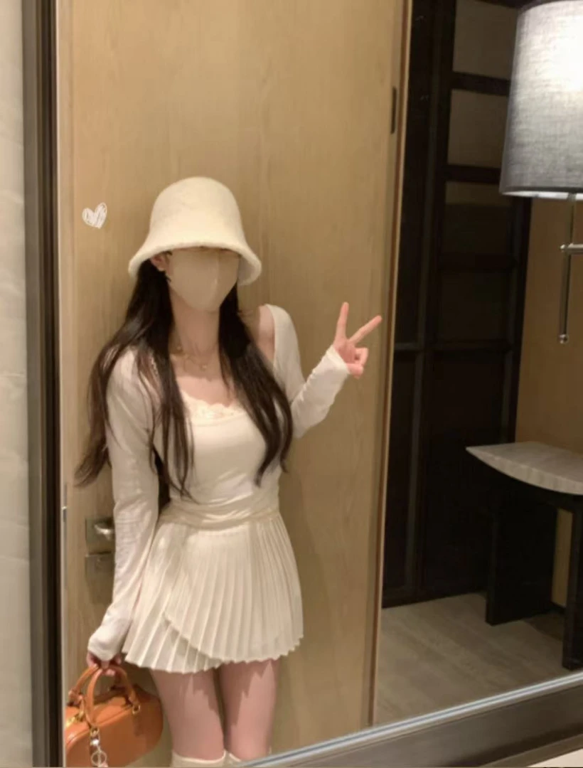 6366夏季新款纯欲辣妹蕾丝拼接吊带背心薄款长袖罩衫上衣两件套