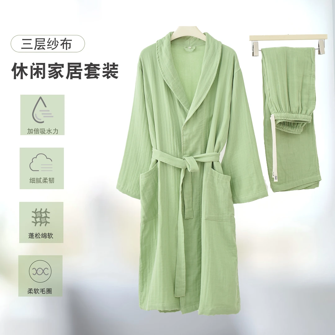 睡袍女春秋季夏季分体家居服情侣款三层纱睡衣纯棉浴袍女长款晨袍