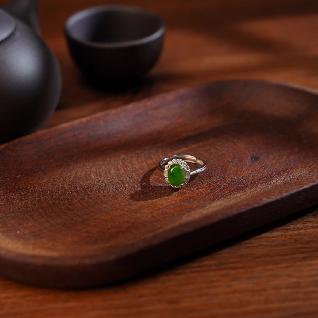 【睿泽鉴宝】S925和田玉碧玉蛋面戒指  8*7*4mm  MS0026