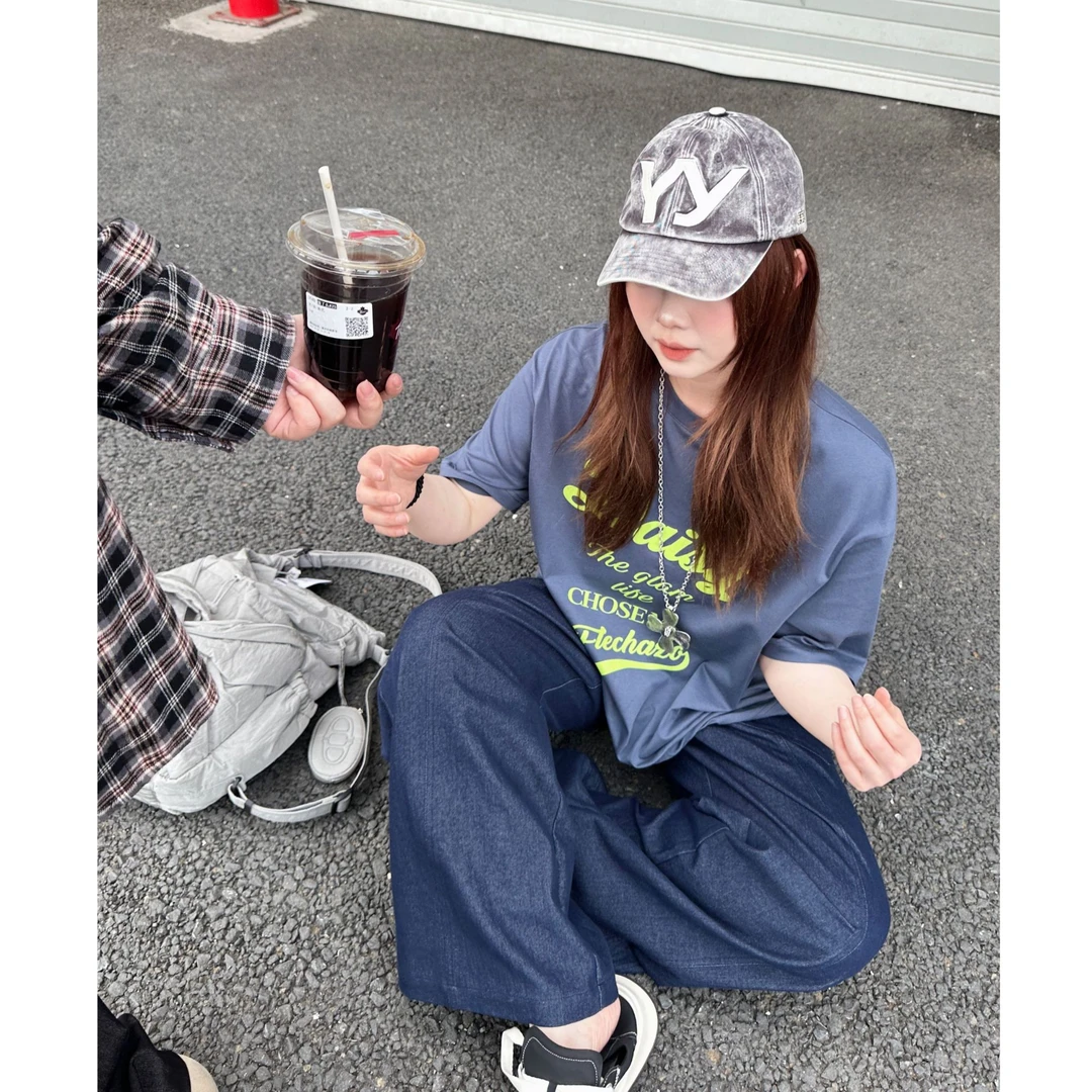 晶咕【好穿搭子】胸前字母胶印大版宽松短袖T恤上衣百搭休闲