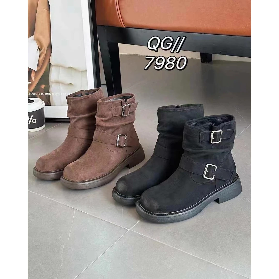 一L秋冬新款韩版通勤瘦瘦简约粗跟裸靴短靴7980(不加绒)