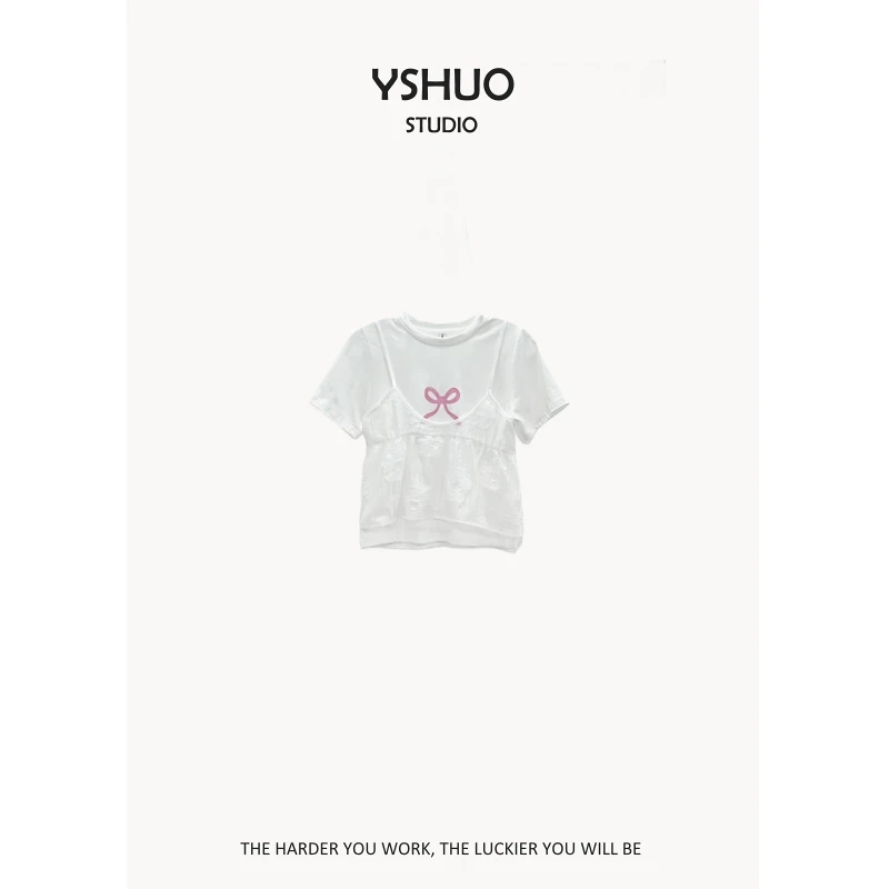 YSHUO【甜蜜蝴蝶】韩系高级休闲设计感T恤叠穿吊带两件套 9010