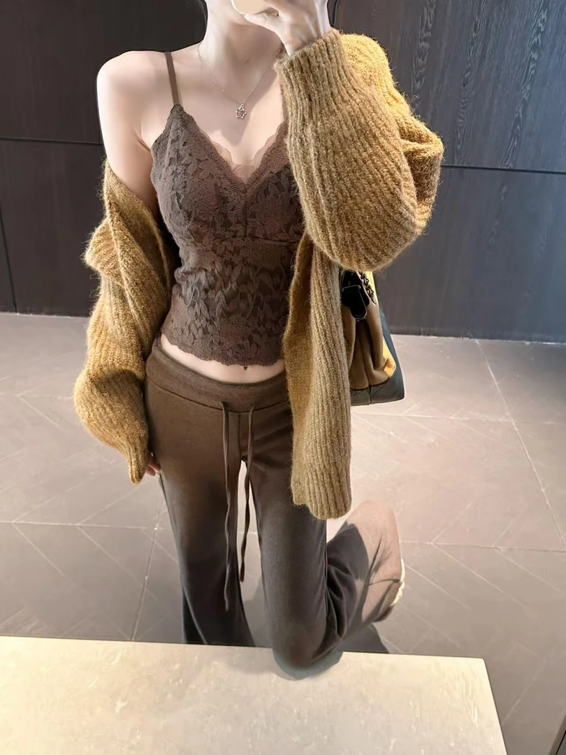 美拉德套装宽松毛衣外套女内搭背心秋季抽绳微喇裤三件套