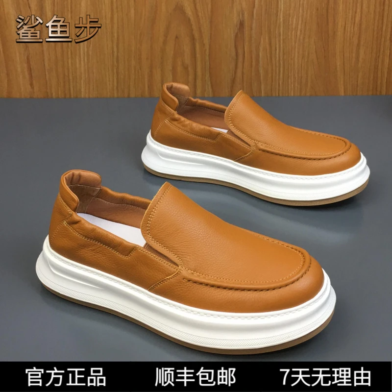 鲨鱼步2025夏季新款头层牛皮透气软底一脚蹬乐福鞋百搭休闲懒人鞋