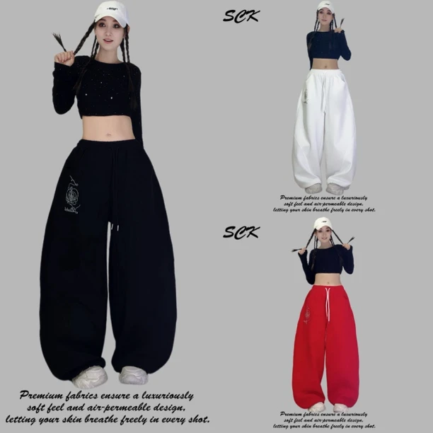 CSK-6009秋冬新款玫瑰烫钻宽松休闲曳舞潮流阔腿长裤时尚百搭