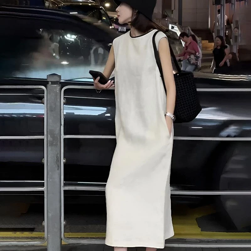 法式复古亚麻无袖背心连衣裙女2025新款夏季宽松显瘦气质开叉长裙