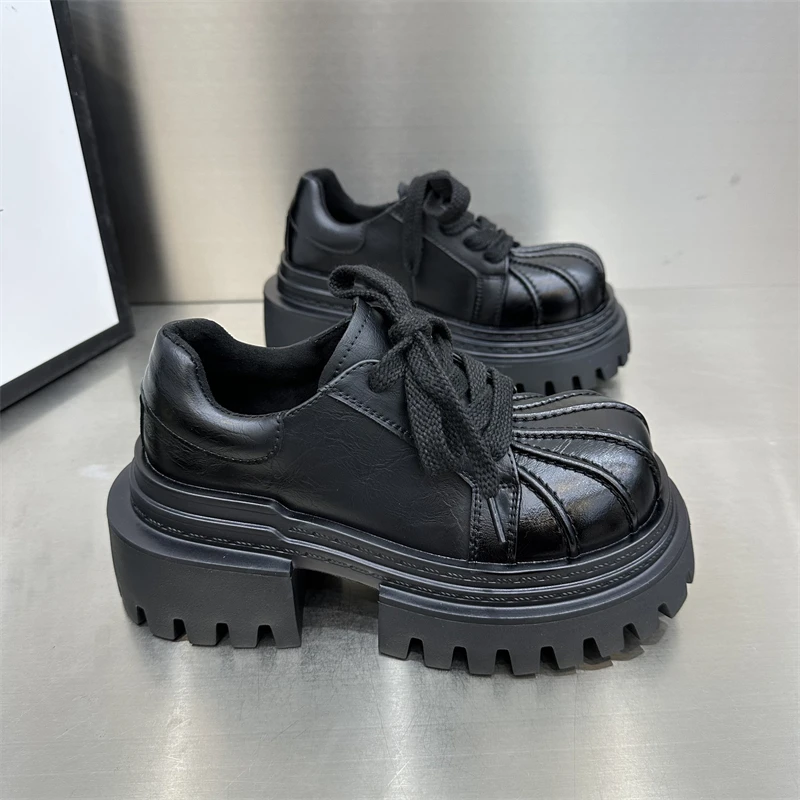 女士时尚休闲百搭复古厚底高跟英伦风圆头秋冬秋季系带松糕底潮鞋