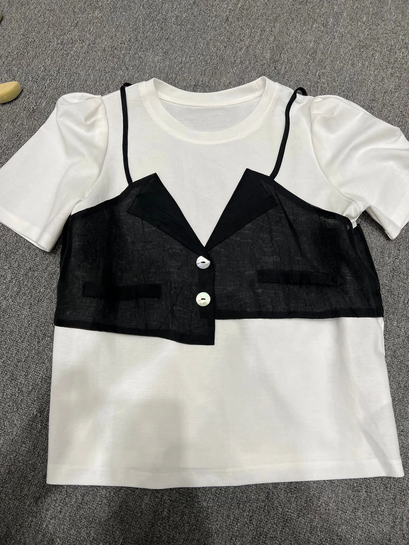 2025【蕾蕾家】夏季时尚洋气极简韩系假两件圆领短袖T恤