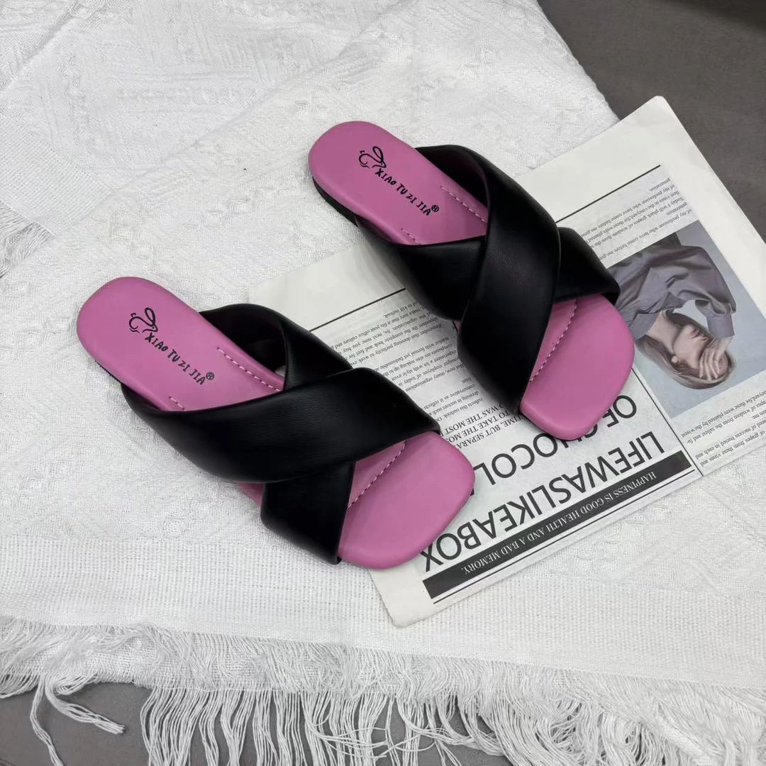 欧货真皮女鞋2025夏季新款时尚百搭平底女凉鞋交叉带带彩色拖鞋潮