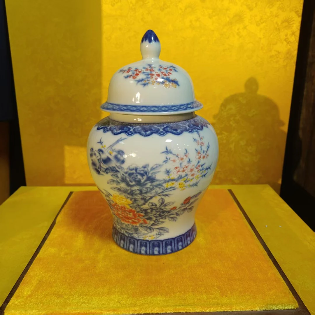 景德镇青花喜上眉梢三彩将军罐