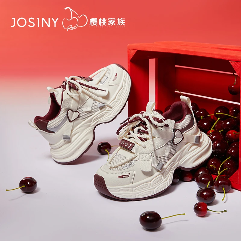卓诗尼樱桃厚底老爹鞋女2025春季新款复古透气运动鞋网面透气女鞋