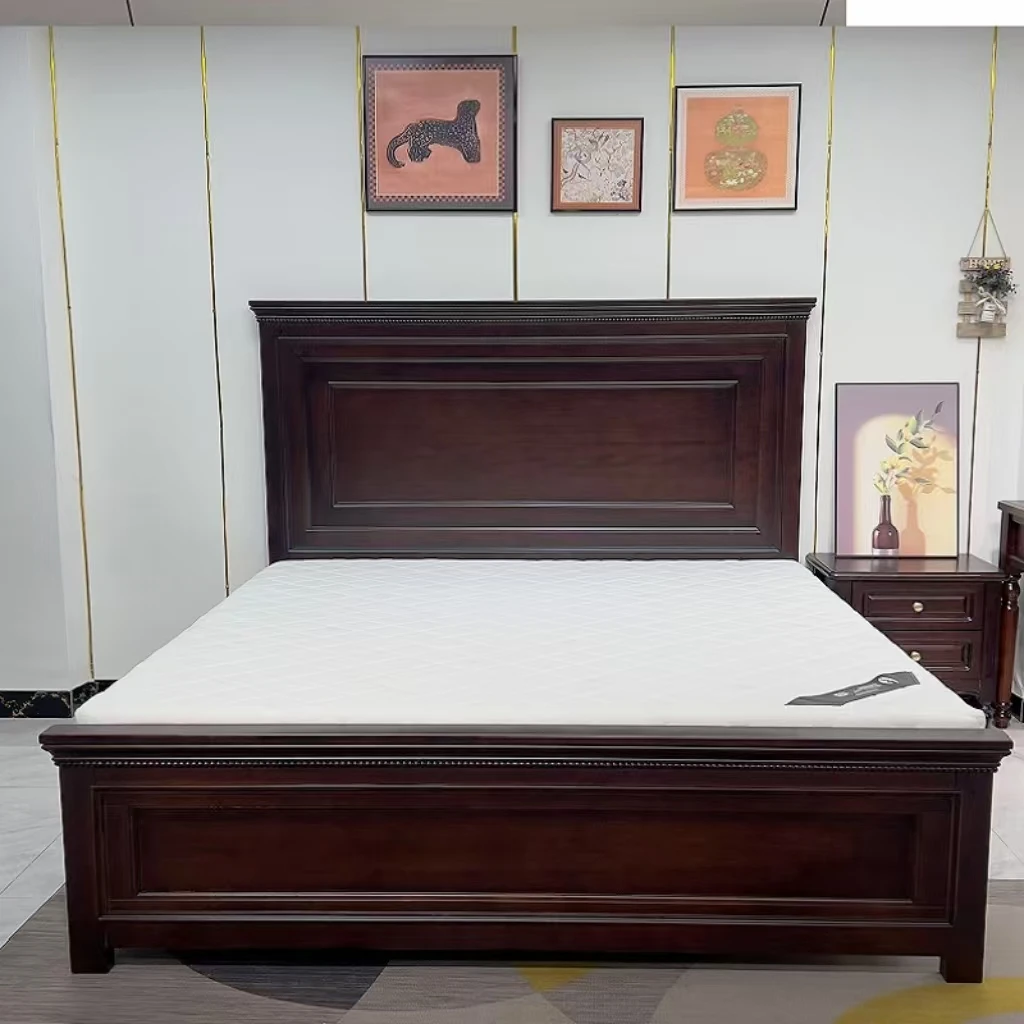 中古风实木床1.8米双人床复古家具美式实木大床平头床黑胡桃色