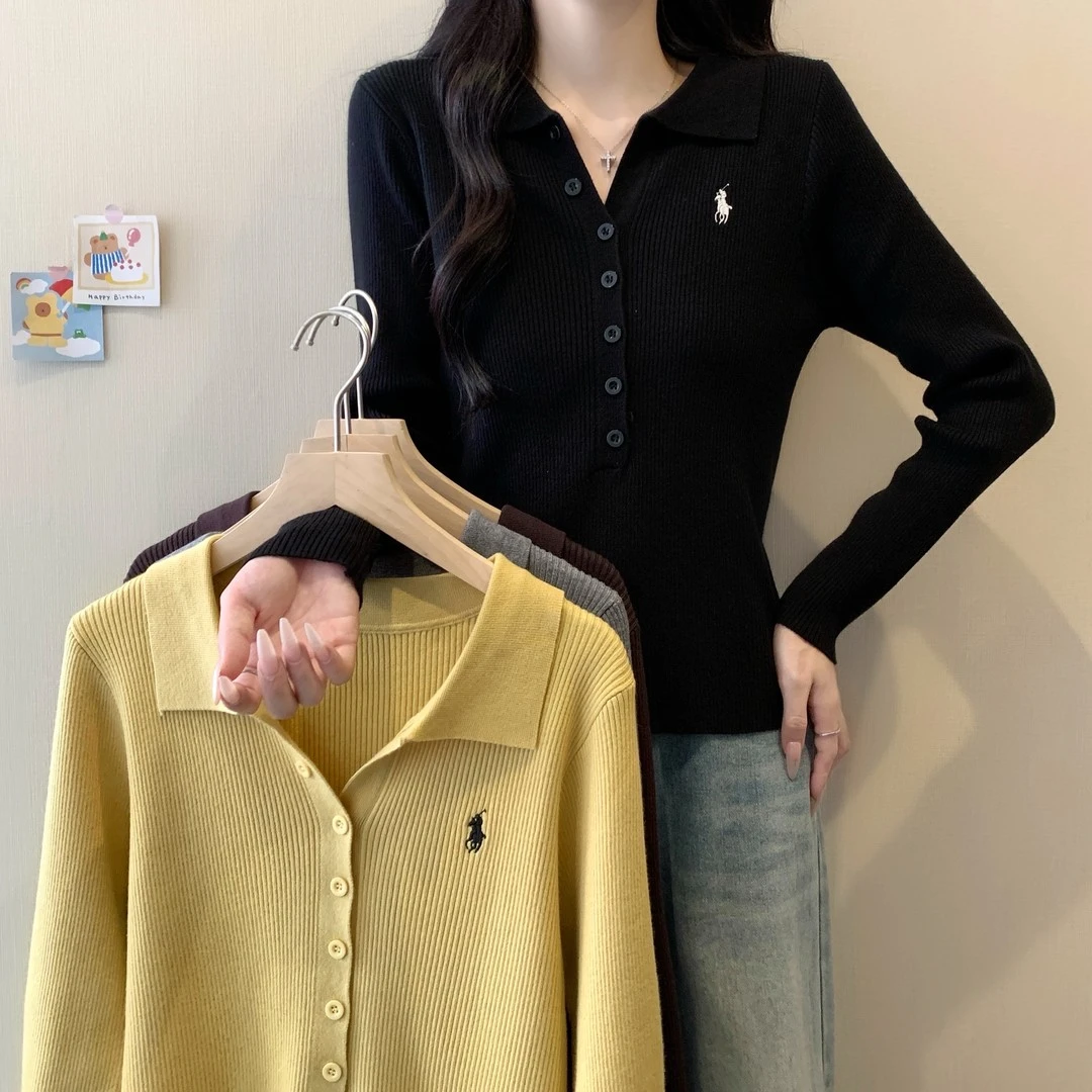 大码女装胖MM韩系时尚刺绣翻领长袖针织衫女秋季修身显瘦内搭上衣