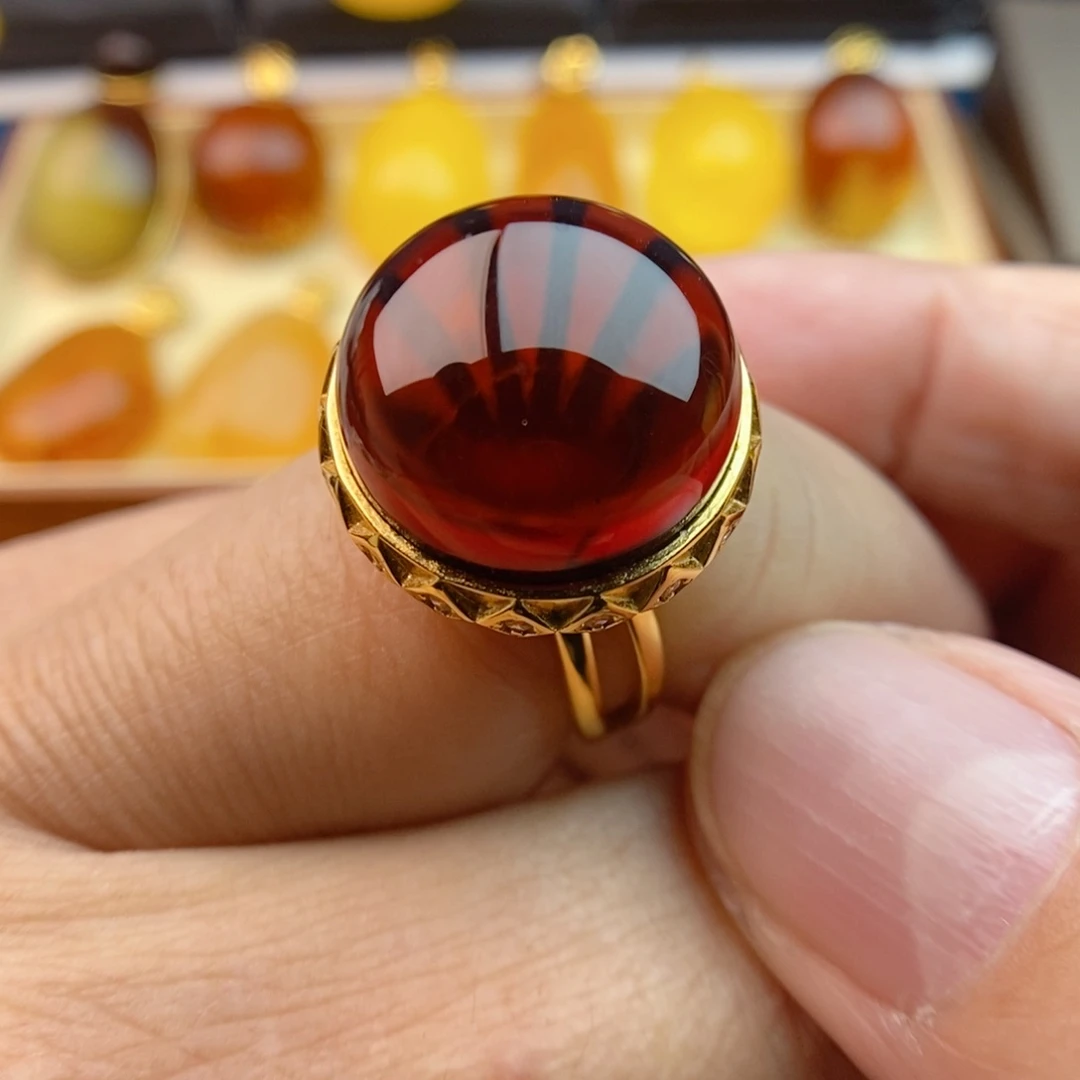 琥珀戒指银S925镀金镶嵌