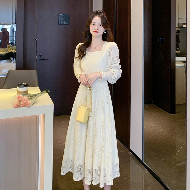 【现货】大码法式高级感蕾丝连衣裙春秋名媛气质小香风显瘦长裙9161