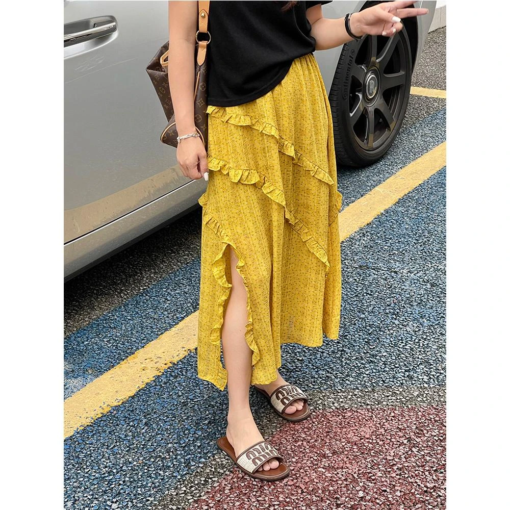 WanWan小个子2025夏新韩系拼接斜边半身裙高腰显瘦a字长裙