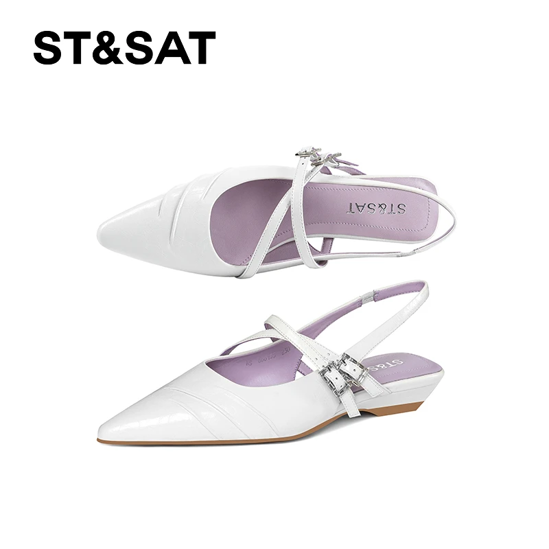 St&Sat/星期六夏季尖头低跟时装包头凉鞋时尚百搭坡跟交叉扣带