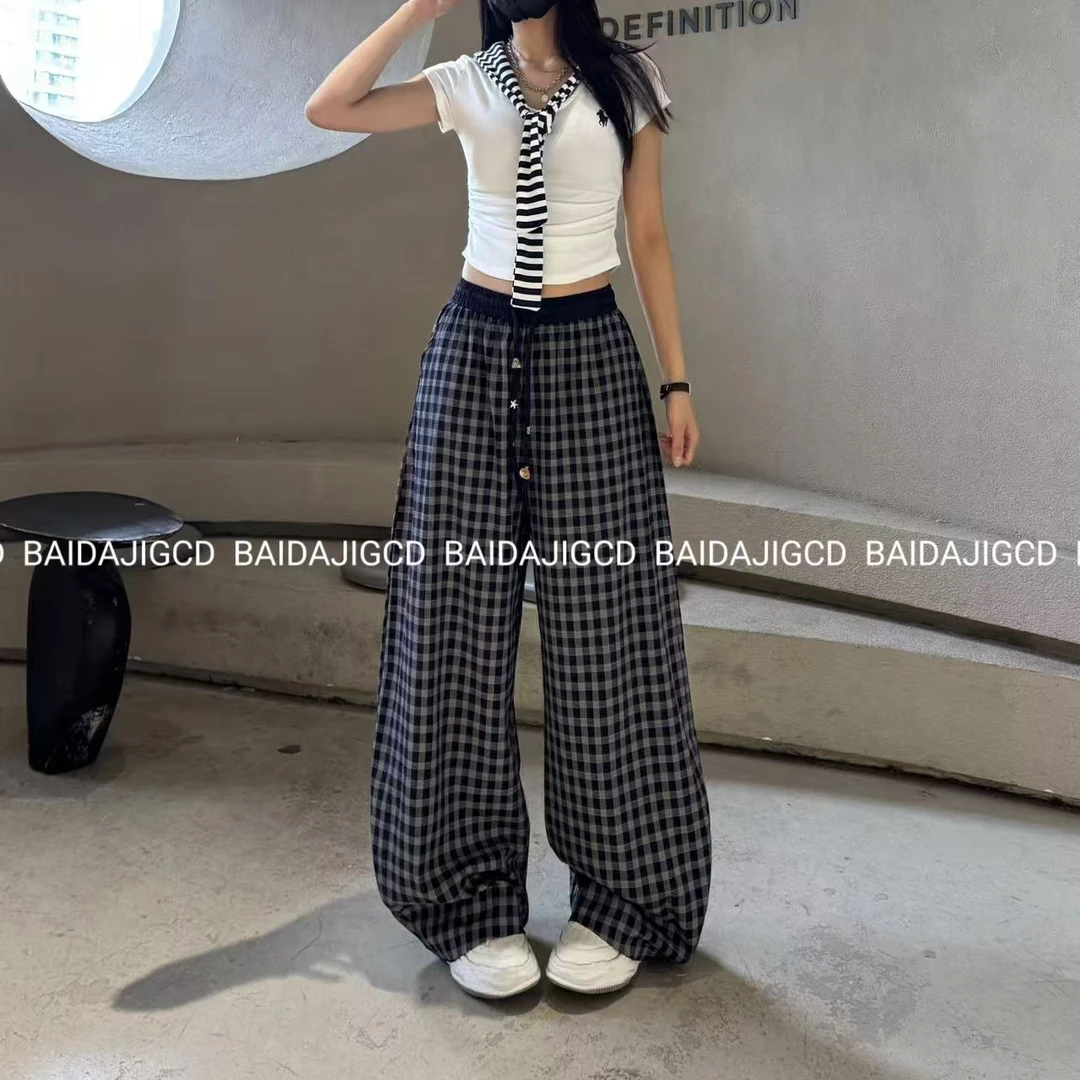 工厂店-（落落大方）夏季薄款休闲直筒高腰宽松阔腿格子裤（70056）