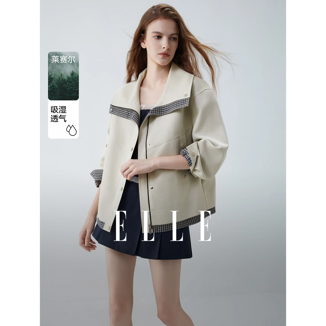 ELLE摩登格纹拼接短外套女2025秋季琥珀系穿搭莱赛尔上衣EF50661