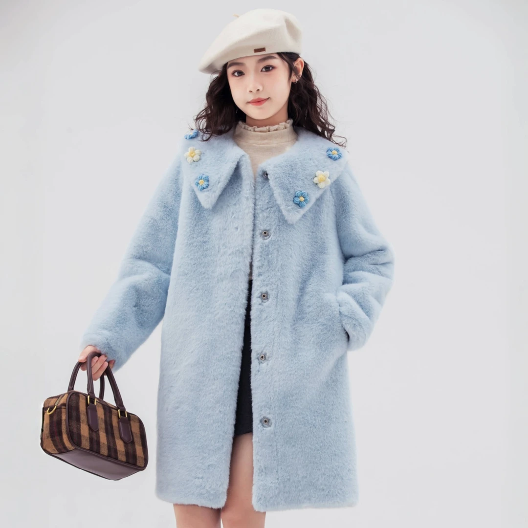 儿童仿皮草外套皮毛一体大衣冬季新款女童仿水貂绒中长款翻领洋气