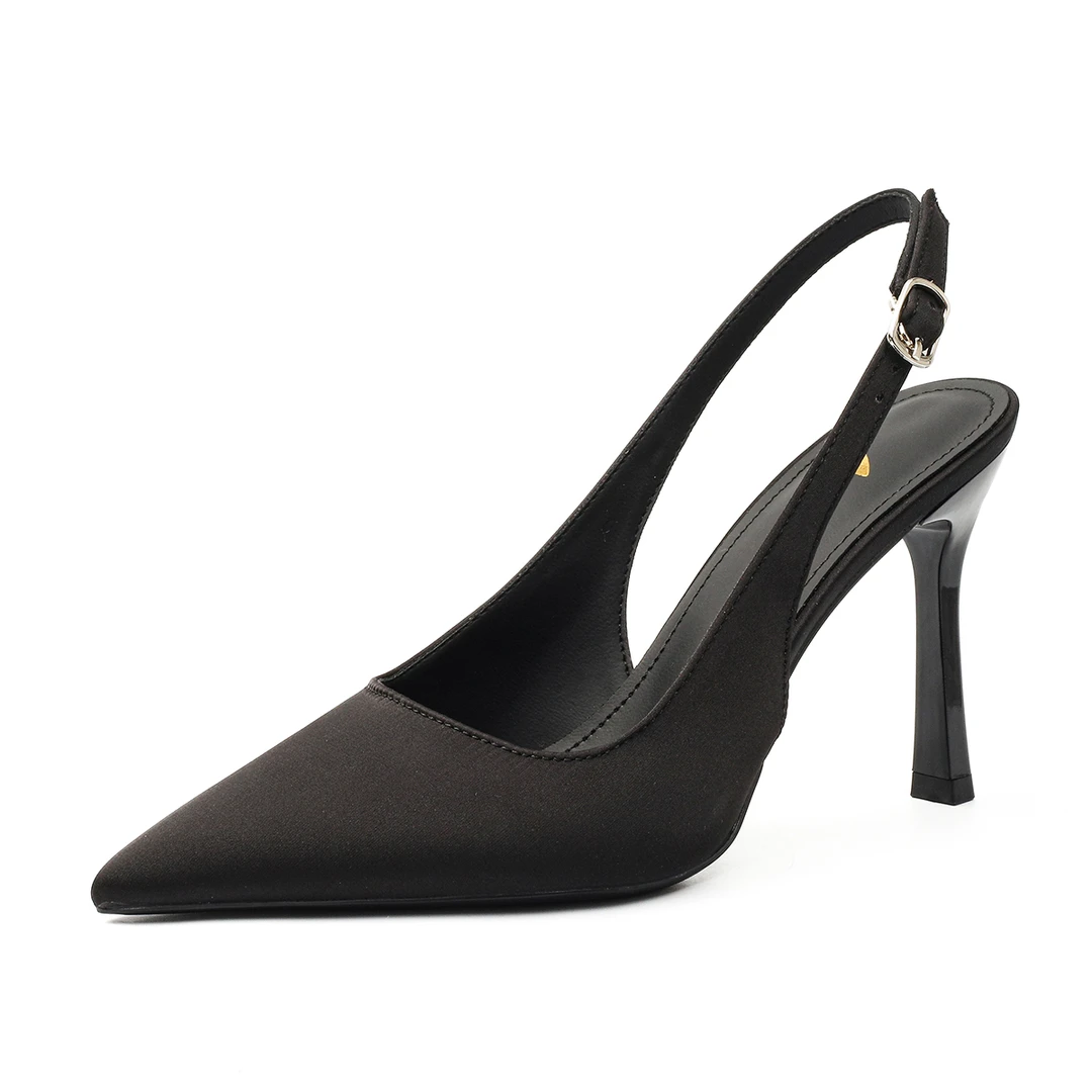 2025夏季新款缎面后空半拖凉鞋女时尚百搭性感细跟尖头法式高跟鞋