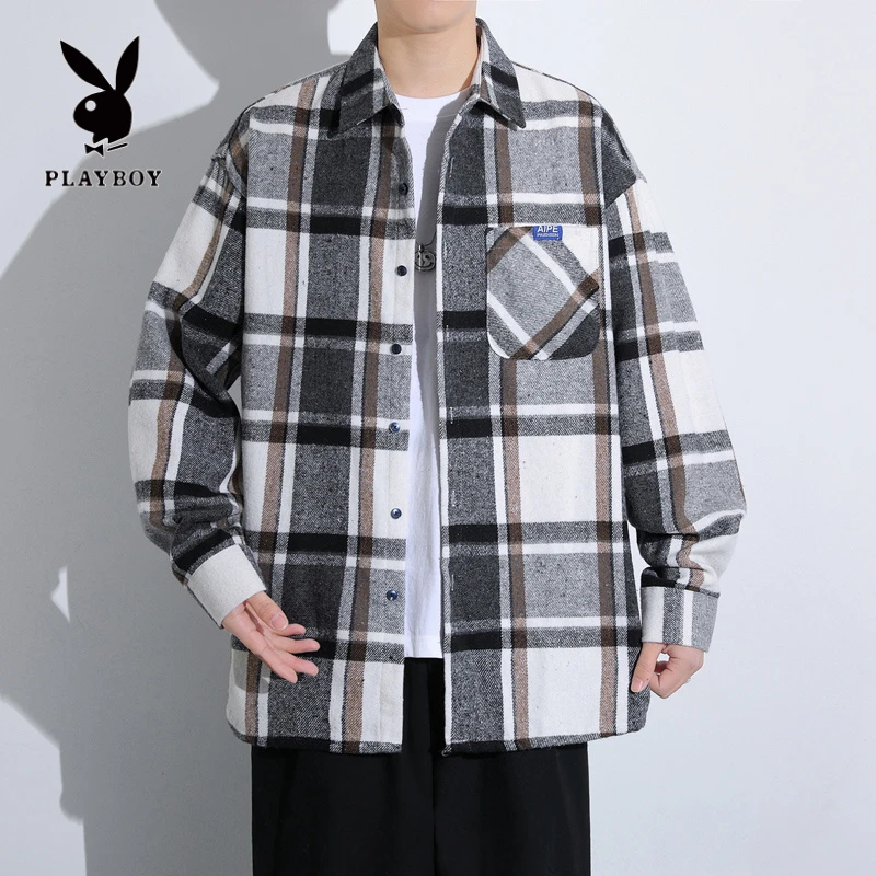 PLAYBOY/花花公子男士格子衬衫长袖百搭衬衣春秋季薄款韩版打底衫