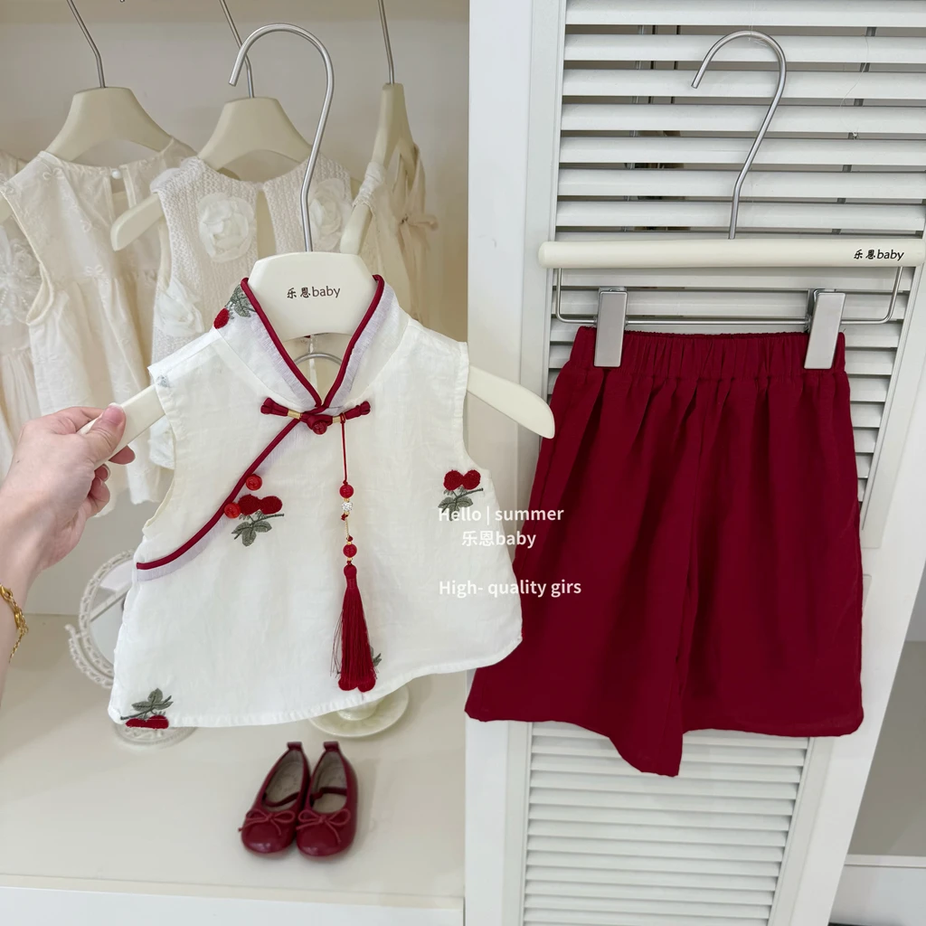 【乐恩童装】原创高定女童夏季红色新中式国风上衣阔腿裤宝宝套装