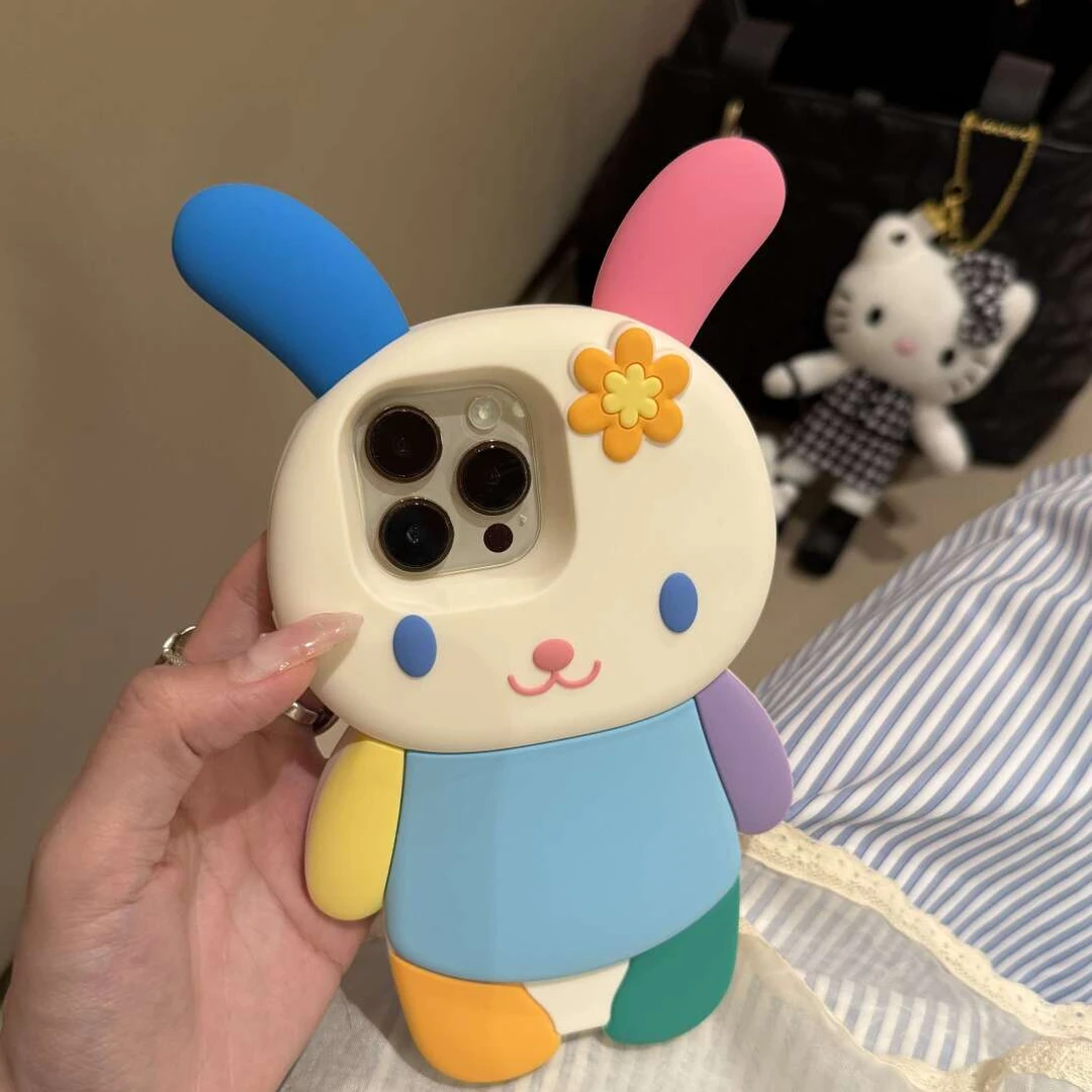 可爱立体彩虹兔适用iPhone16Promax手机壳苹果15pro硅胶14防摔13