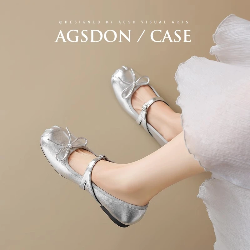 奥古狮登银色玛丽珍女鞋2025新款夏季浅口单鞋配裙子芭蕾小皮凉鞋