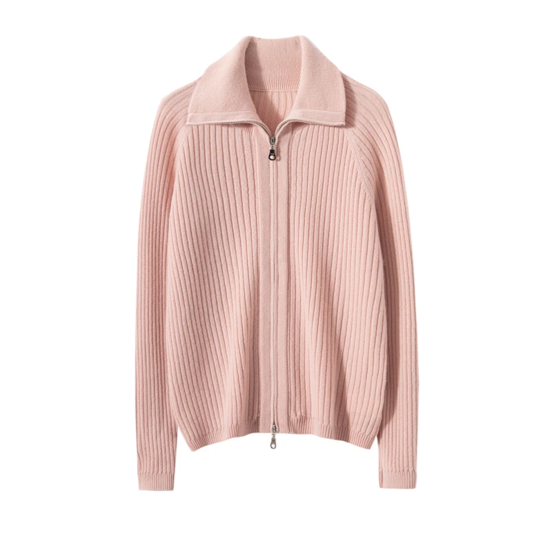 100山羊绒衫女士坑条双拉链针织衫毛衣外套23A070