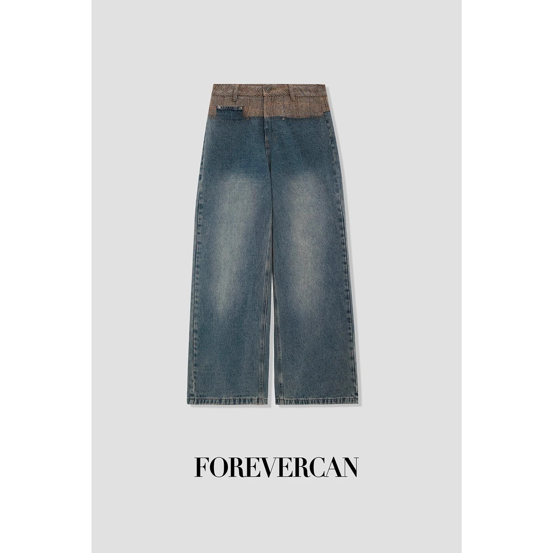 FOREVERCAN“Denim Daily”复古时髦精 格纹拼接直筒牛仔裤 SP19121
