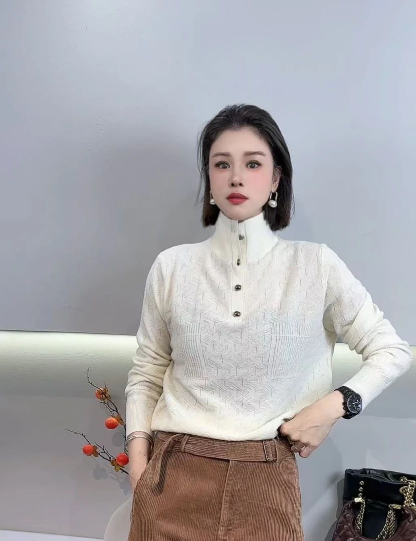 欧洲站慵懒风中领羊毛针织衫女新款时尚百搭毛衣