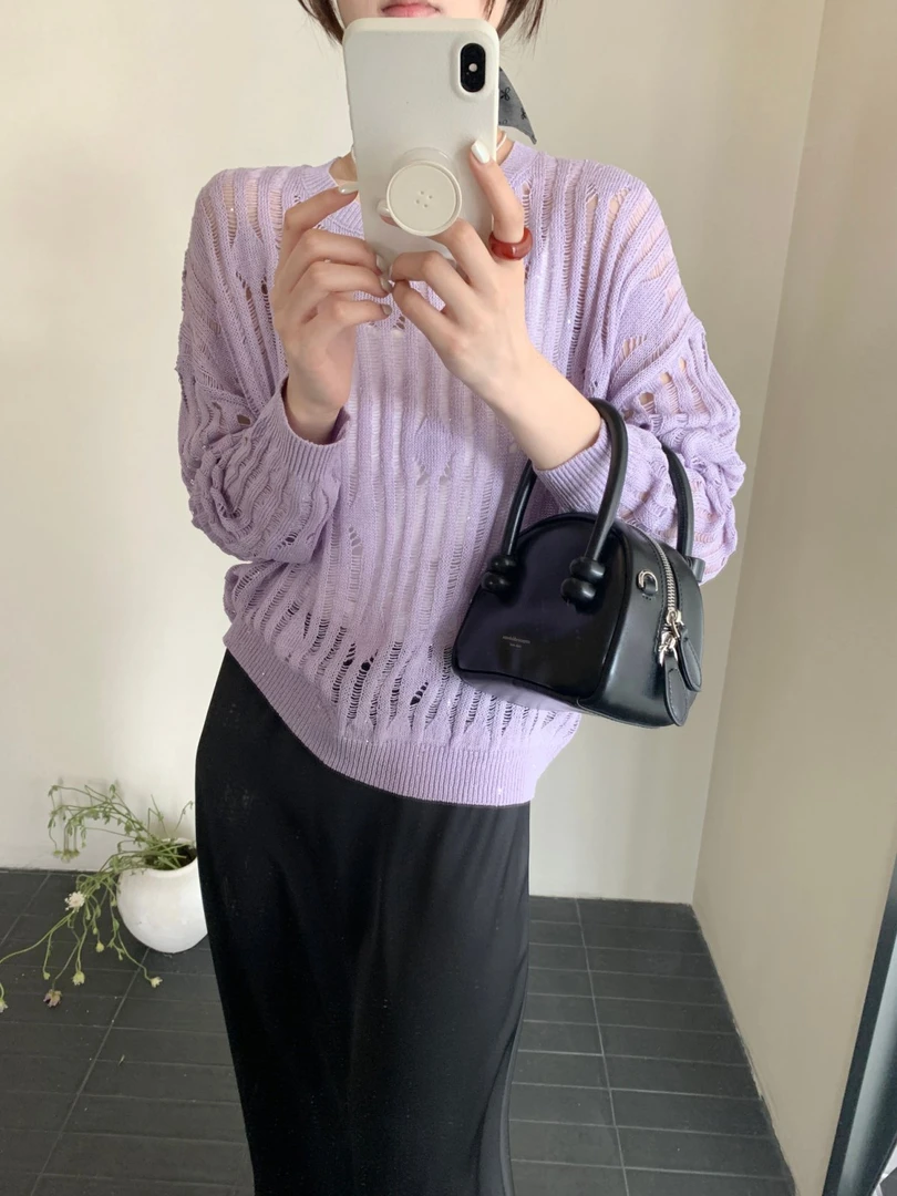 【素简.820178】春款上新星点亚麻珠片菱格女装上新混纺针织衫