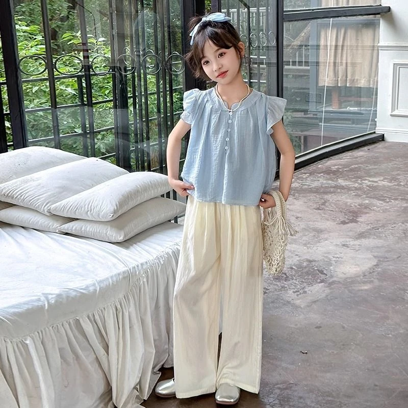 女童套装夏季2025新款薄款洋气大童冰丝凉快夏装儿童阔腿裤两件套