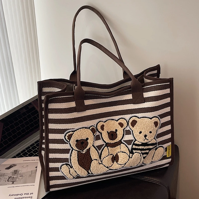 条纹帆布包女夏季休闲大容量通勤单肩托特包妈咪包卡通手提购物袋