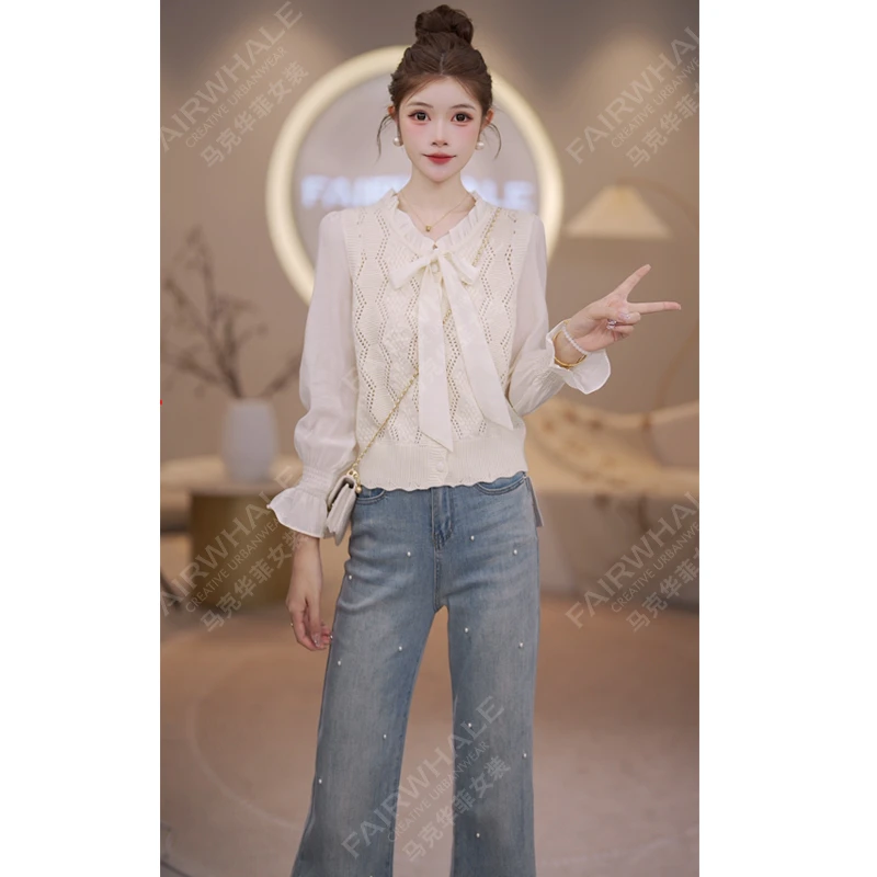 马克华菲女装2025秋季蕾丝拼接重工圆领长袖针织上衣休闲小衫 X