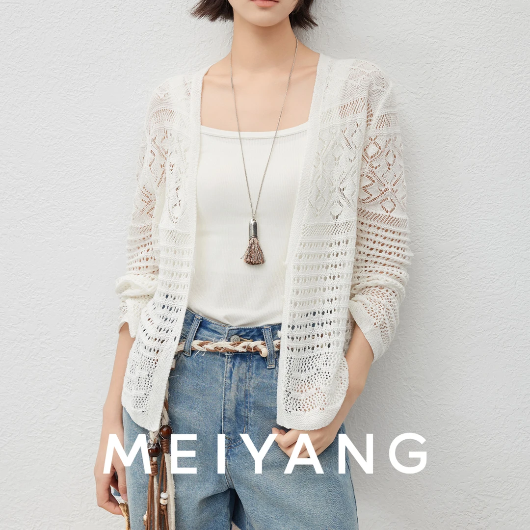 美洋MEIYANG【现货】雕花亚麻棉针织开衫 镂空V领长袖上衣-周五