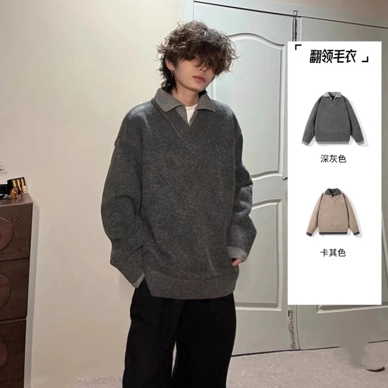 假两件灰色v领毛衣男冬季慵懒高级感外套叠穿Vintage老钱风针织衫