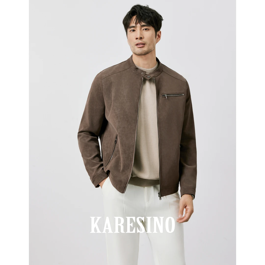 KARESINO美式休闲棕色立领皮衣男短款秋季男士美拉德复古夹克外套