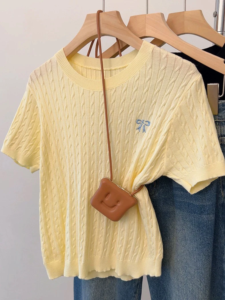 【JINGJIJI】法式麻花针织新款蝴蝶结刺绣洋气别致T恤冰丝小衫上衣