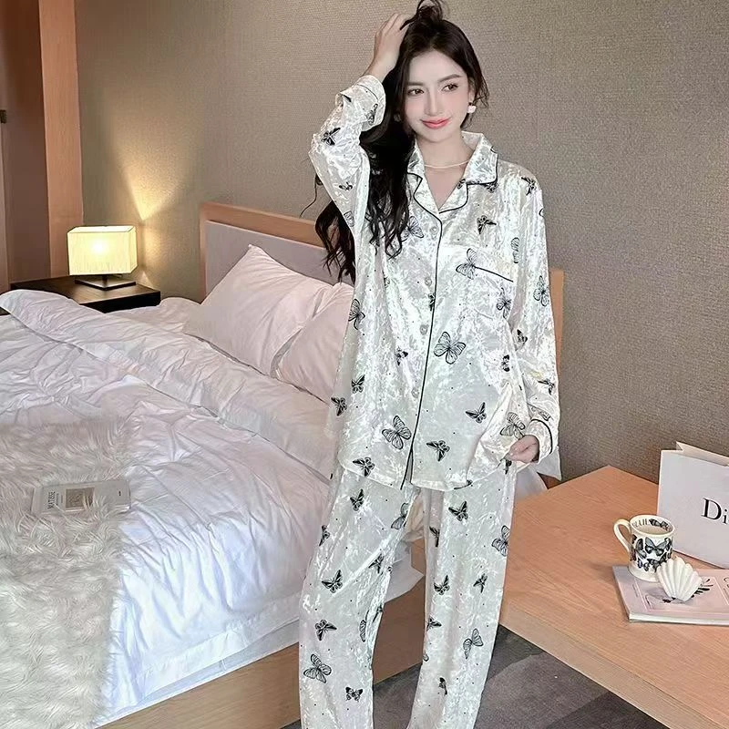 新款网红爆款金丝绒睡衣女长袖休闲华时尚家居服套装