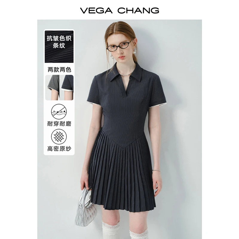 VEGA CHANG短袖连衣裙夏女2025新款小个子学院风翻领收腰撞色短裙