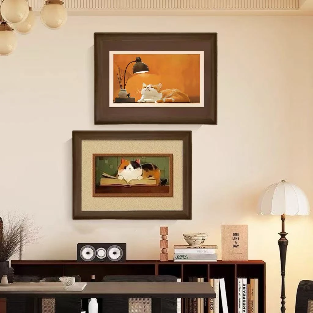 奶油法式卡通猫咪客厅背景装饰画中古风法式挂画治愈系餐厅画FR21