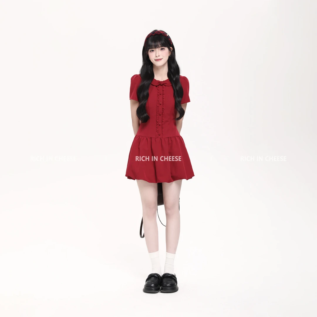 RICHINCHEESE 英梨情书 法式简约红兔耳设计感气质收腰花苞连衣裙